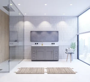 Retail gray bathroom vanity, proudly displayed at Cabinet EZ showroom in Waldorf.